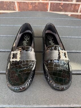 Brighton Mishel Black Patent Croc Rhinestone Buckle Loafer Flats 6.5